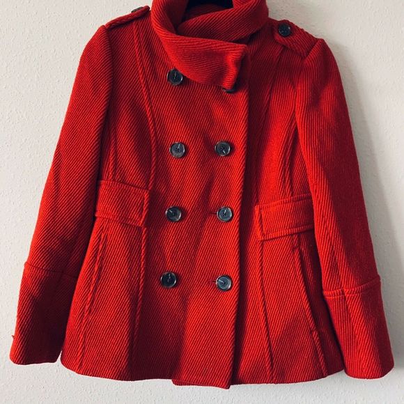 LOFT Jackets & Blazers - Loft Red High Neck Wool Blend Ribbed Pea Coat